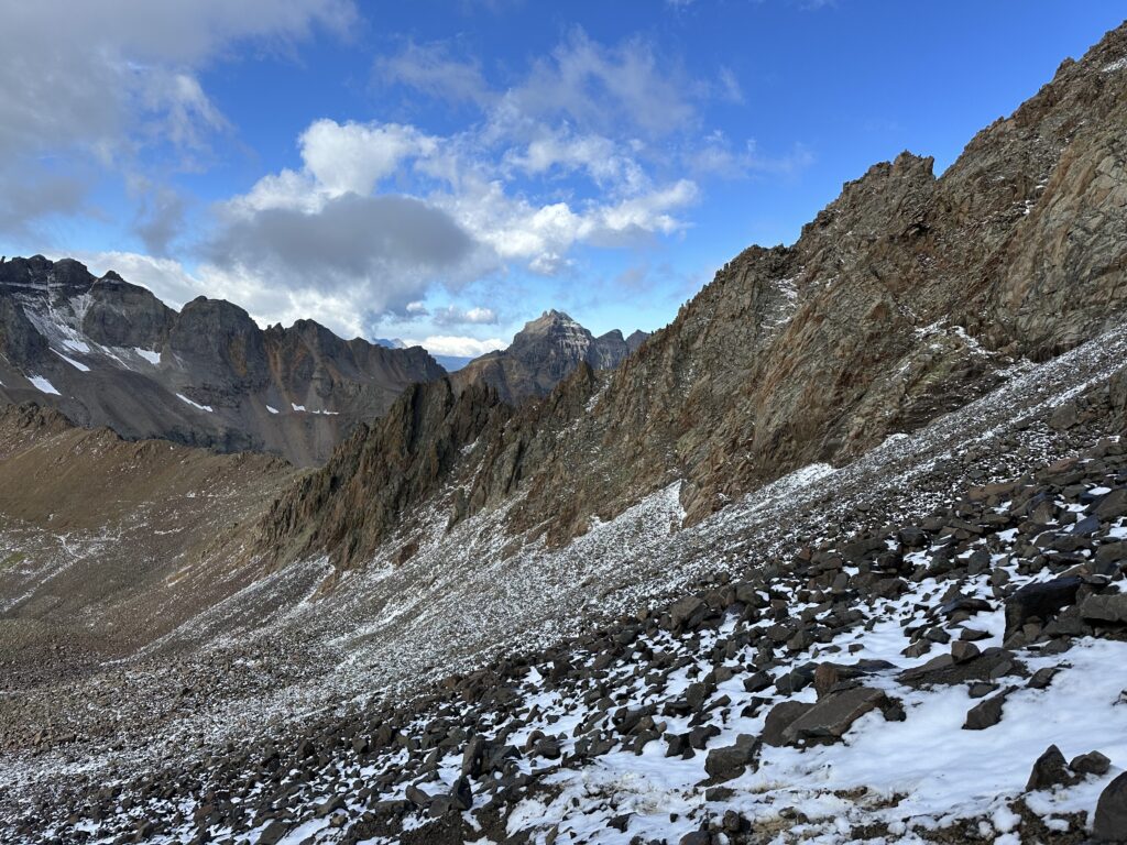 The sloping scree field with rugged peaks